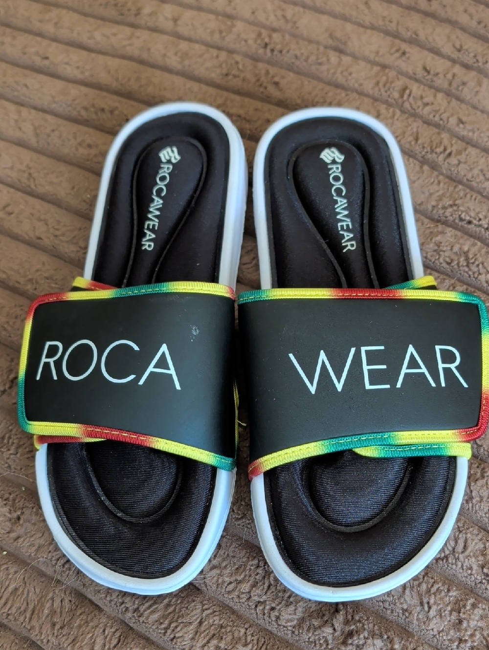 Rocawear Black Slide Sandals with Rainbow Trim